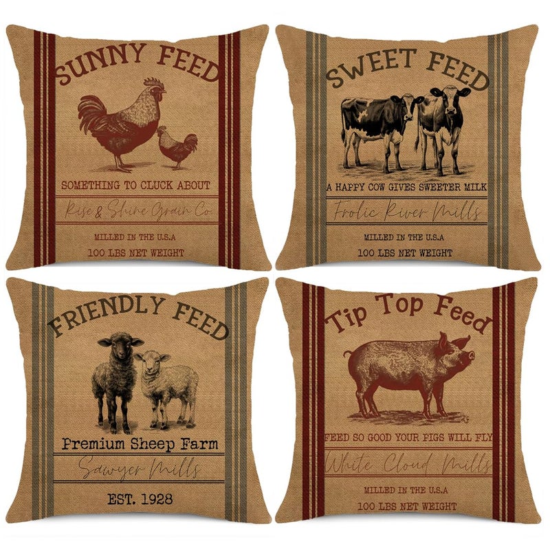 Faromily Vintage Farmhouse Animal Pillow Covers 18x18 Set of 4 Premium Farm Rooster Pig Sheep Cow Poultry Feed Home Décor Throw Pillow Case Cushion Cover for Sofa F163-18 - Image 1